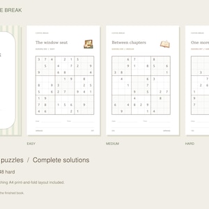 May include: A 192-page Sudoku puzzle book titled Coffee Break featuring 144 puzzles across easy, medium, and hard levels. The cover displays a cartoon character, while interior pages show grid layouts for The window seat, Between chapters, and One more thought. Includes 10 x 15 cm pocket format and A4 print-and-fold layout.
