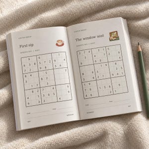 May include: An open book featuring two Sudoku puzzles titled First sip and The window seat. The pages include grid layouts with numbers, small illustrations of a coffee cup and a window, and lines for date and time. A dark green pencil lies beside the book.