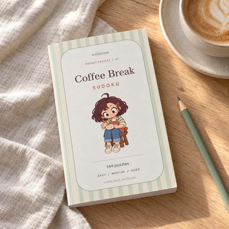 May include: A rectangular pocket puzzle book titled Coffee Break Sudoku with a light green striped cover. The cover features an illustration of a person sitting on a stool, the text 144 puzzles, and the brand name withessie.