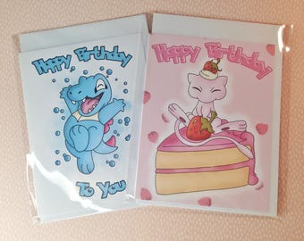 Tarjeta de cumpleaños de Pokémon hecha a mano | Adorable felicitación de cumpleaños de Mew y Totodile | Tarjeta para fiesta gamer infantil