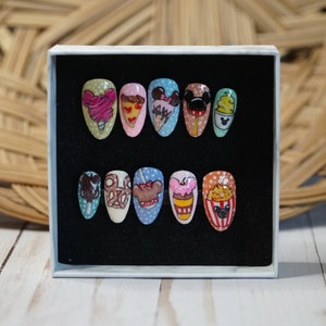 Custom Press On Snack Nails, Theme Park Snacks Nails, Custom Nail Art, Gel Nails
