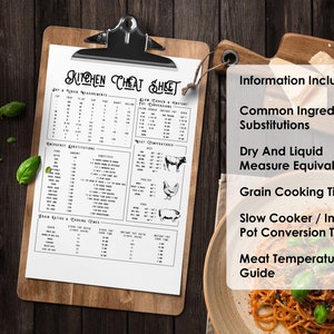 May include: A black and white printable kitchen cheat sheet with information on common ingredient substitutions, dry and liquid measure equivalents, grain cooking times, slow cooker and instant pot conversion times, and meat temperature guide.