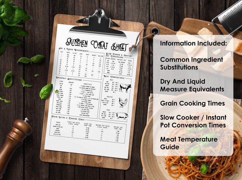 May include: A black and white printable kitchen cheat sheet with information on common ingredient substitutions, dry and liquid measure equivalents, grain cooking times, slow cooker and instant pot conversion times, and meat temperature guide.