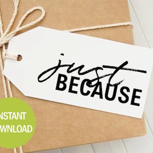 Puede incluir: Una etiqueta de regalo blanca con texto negro que dice "just because". El texto está en una fuente de estilo manuscrito. La etiqueta está atada a un paquete marrón con cordel.