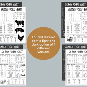 May include: Four printable kitchen cheat sheets, two in black and white and two in a light gray color scheme. Each sheet features a different animal illustration: a cow, a pig, a chicken, and a bowl of fruit. The sheets include conversion charts for measurements, ingredients, and cooking times.