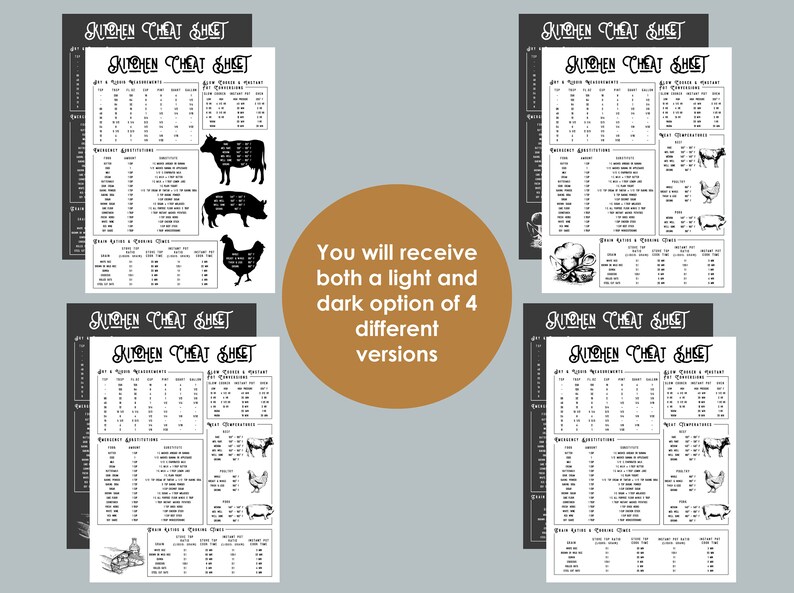 May include: Four printable kitchen cheat sheets, two in black and white and two in a light gray color scheme. Each sheet features a different animal illustration: a cow, a pig, a chicken, and a bowl of fruit. The sheets include conversion charts for measurements, ingredients, and cooking times.