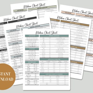 Printable Kitchen Cheat Sheet | Kitchen Conversion Chart | Kitchen Substitution Chart | Meat Temperature Guide | Kitchen Guide Printable PDF
