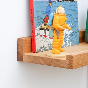 Könnte beinhalten: Ein Holzregal mit einem Comic, einer Spielfigur und einer Vintage-Kamera. Der Comic trägt den Titel "Hergé - Les Aventures de Tintin". Die Spielfigur ist eine gelbe, humanoide Figur, die einen Tauchanzug trägt. Die Kamera ist grün und hat ein schwarzes Objektiv.