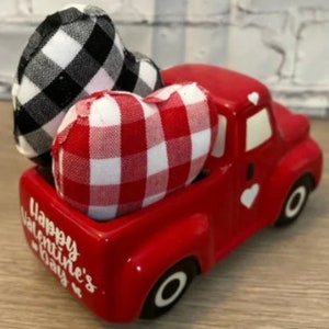 Red Ceramic Truck with Buffalo Check Hearts and &quot;Happy Valentine&#39;s Day&quot; on Tailgate; Tiered Tray Decor; Valentine&#39;s Day Decor; Love Hearts