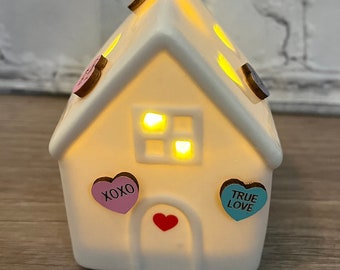 Light Up Ceramic House for Valentine's Day; Red Love Hearts; Conversation Hearts; Valentine's Day Gift; Valentine Tiered Tray Decor