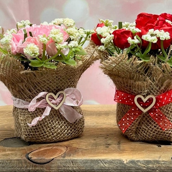 Burlap Bundle of Flowers, Small Roses for Valentine's Day Decor; Faux Flowers, Pink and Red; Valentine's Day Gift; Valentine Tiered Tray