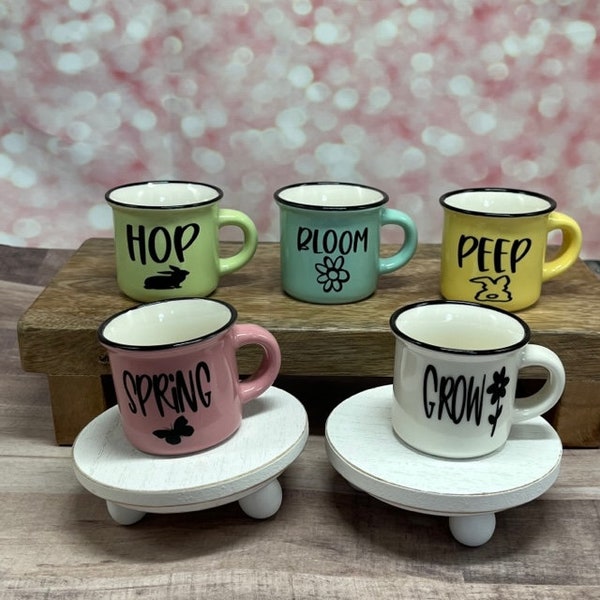 Spring themed ceramic espresso cups.  Spring theme words and images on each of them.  Available in multiple colors.  Tier tray decor