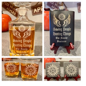 Supernatural Decanter Glasses Flask Coasters Whiskey Scotch Bourbon Bar Ware Man Cave Birthday Gift