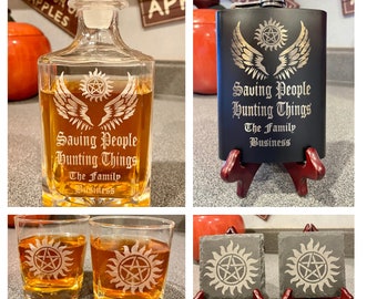 Supernatural Decanter Glasses Flask Coasters Whiskey Scotch Bourbon Bar Ware Man Cave Birthday Gift