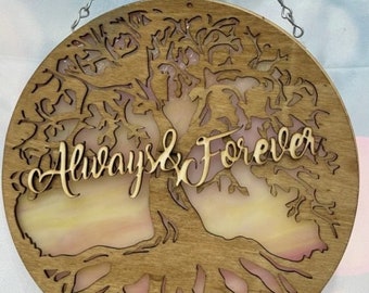 Stain Glass Wood Tree of Life Viking Always and Forever Christmas Wall Window Hanging Suncatcher