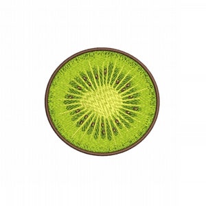 May include: A green kiwi fruit slice with brown seeds, embroidered on a white background.