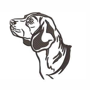 May include: Black and white line art illustration of a Beagle dog's head, looking to the right.