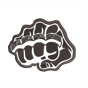 May include: Embroidered patch depicting a clenched fist. The design features a dark grey fist with a white outline and a grey border. The knuckles are detailed with small, circular accents. The patch is set against a white background.