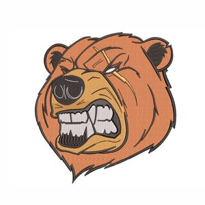 May include: A brown bear with a fierce expression, its mouth open in a snarl, revealing sharp teeth. The bear has a scar across its eye and a textured fur pattern.