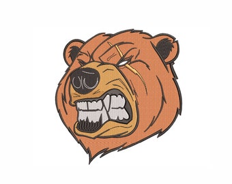 Puede incluir: Un oso marrón con una expresión feroz, la boca abierta en un gruñido, revelando dientes afilados. El oso tiene una cicatriz sobre el ojo y un patrón de pelaje texturizado.