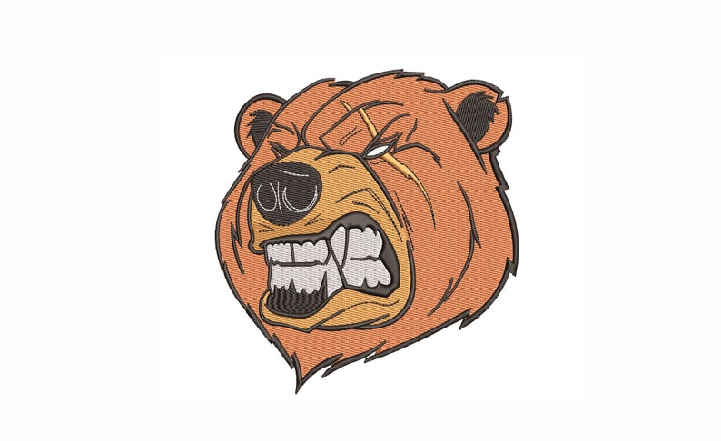 May include: A brown bear with a fierce expression, its mouth open in a snarl, revealing sharp teeth. The bear has a scar across its eye and a textured fur pattern.