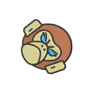 Op de afbeelding: Een geborduurde patch met een cartoon-apenkop in bruin en beige. De aap heeft blauwe ogen en een bruine neus.