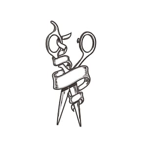 May include: A pair of black scissors with a ribbon tied around them. The scissors are a common tool used by hair stylists.