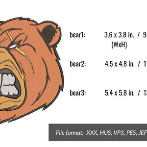 May include: A brown bear with a fierce expression, its mouth open and teeth showing. The bear has a scar across its face. This is a digital embroidery design available in multiple file formats.