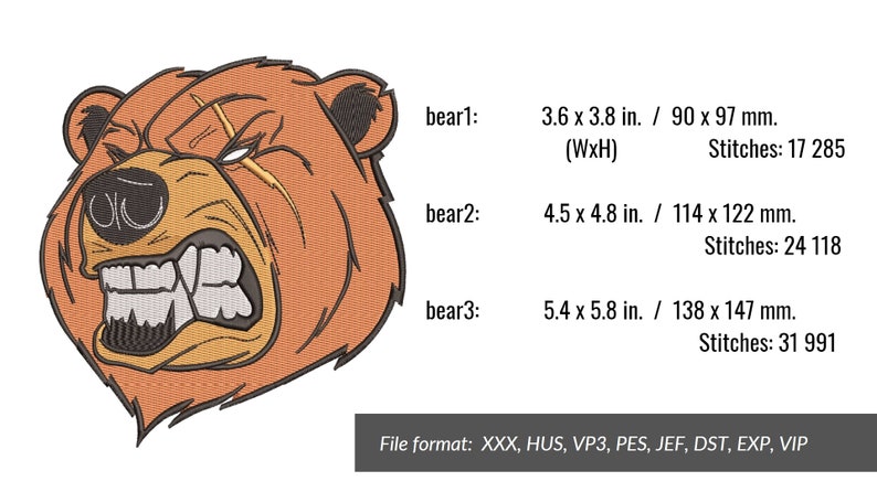 May include: A brown bear with a fierce expression, its mouth open and teeth showing. The bear has a scar across its face. This is a digital embroidery design available in multiple file formats.