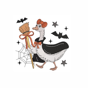 Hexengans Stickdatei. 4 Größen. Halloween Gans mit Besen Maschinenstickdatei. Digitaler Download. Trendige Stickerei.