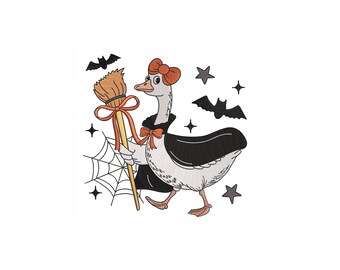 Witch Goose Embroidery Design. 4 Sizes. Halloween Goose with Broom Machine Embroidery File. Digital Download. Trendy Embroidery.