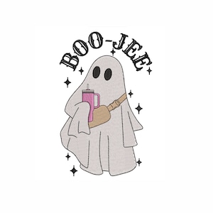 May include: A white ghost with a pink drink and a brown strap across its chest. The ghost is surrounded by stars and the text "BOO-JEE" is above it.