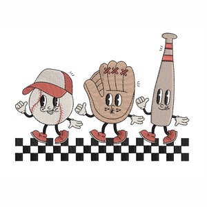 Design di ricamo a macchina di personaggi retrò di baseball. 3 dimensioni. Design di ricamo per macchina da baseball alla moda