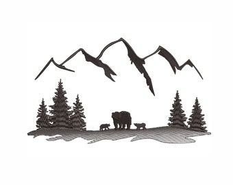 Peut inclure: Silhouette noire d'une chaîne de montagnes avec trois pins de chaque côté et une ourse mère et ses deux oursons marchant devant les arbres.
