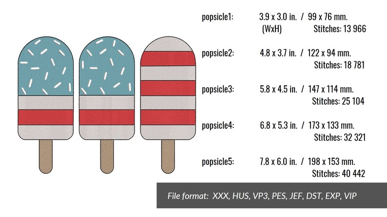 May include: Five different embroidery designs for popsicles. The designs are 3.9 inches by 3 inches, 4.8 inches by 3.7 inches, 5.8 inches by 4.5 inches, 6.8 inches by 5.3 inches, and 7.8 inches by 6 inches. The designs are in various colors, including red, white, blue, and gray. The designs are for embroidery machines and can be used to create personalized items.