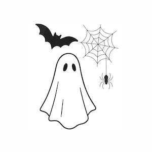 Puede incluir: Ilustración en blanco y negro con temática de Halloween. Presenta un fantasma con ojos ovalados, un murciélago, una araña y una telaraña. El murciélago está encima del fantasma. La araña cuelga de la telaraña.