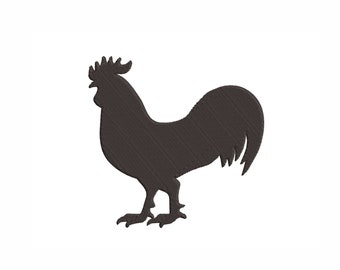 May include: A black silhouette of a rooster with a large comb and wattle.