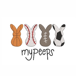 May include: Four colorful Easter bunny-shaped peeps with different sports designs: basketball, baseball, football, and soccer. The text "my peeps" is below the peeps.