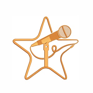 May include: A gold star-shaped outline with a microphone on a stand inside the star. The microphone cord is wrapped around the star.