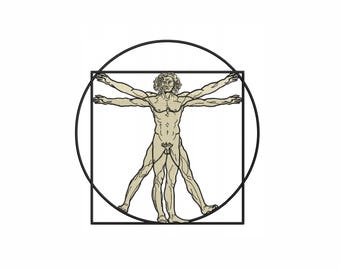 Könnte beinhalten: Eine Schwarzweiß-Zeichnung einer nackten Figur, die in einem Quadrat und einem Kreis steht. Die Figur befindet sich in einer Pose mit ausgestreckten Armen und gespreizten Beinen. Die Zeichnung erinnert an den Vitruvianischen Menschen.