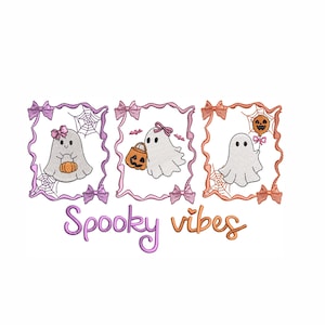 May include: Embroidered Halloween design featuring three cartoon ghosts in decorative frames with bows and spiderwebs. Each ghost holds a pumpkin or a pumpkin-shaped balloon. The text "Spooky vibes" is below the images.