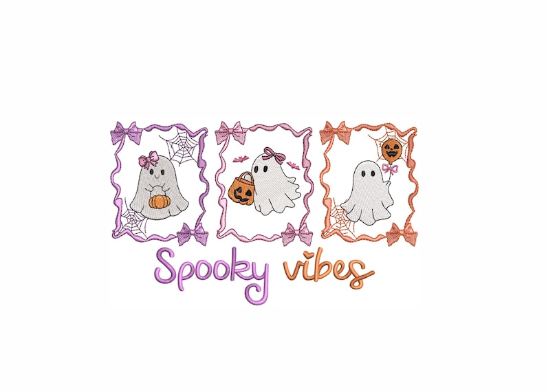 Halloween-Geister-Stickpaket mit gruseligen Vibes in 5 Größen. Niedliche Geisterrahmen mit Kürbis, Ballon und Tasche – digitale Stickdateien für Stickmaschinen. Bild 2
