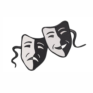 May include: Two black and white theatrical masks, one smiling and one frowning, are shown against a white background.