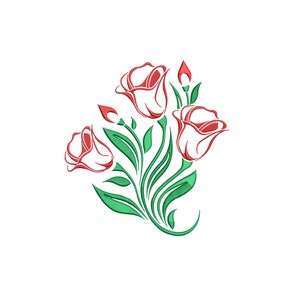 May include: A bouquet of red stylized flowers with green leaves and stems.