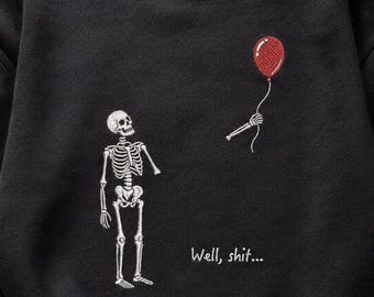 Lustiges Skelett-Stickmuster in 4 Größen, Halloween-Skelett mit rotem Ballon-Stickmuster, sarkastische Skelett-Stickdatei.