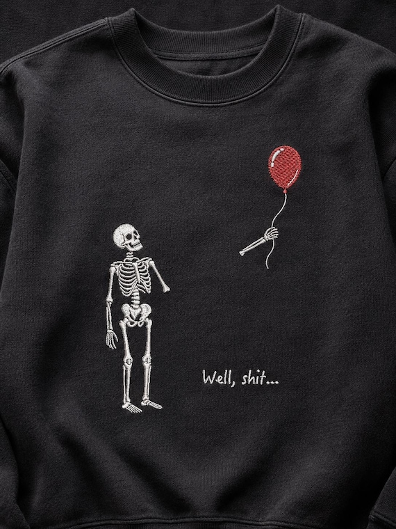 Funny Skeleton 4 Sizes Embroidery Design, Halloween Skeleton with Red Balloon Machine Embroidery Design, Sarcastic Skeleton Embroidery File.