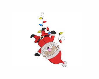 May include: A cartoon Santa Claus in a red suit with a white beard hangs upside down from a string of colorful Christmas lights.