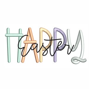 以下が含まれることがあります： カラフルな輪郭のある文字で書かれた「ハッピーイースター」のテキスト。文字は緑、オレンジ、黄色、紫、白の色合いです。