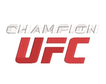 May include: Embroidered logo featuring the word "CHAMPION" in white, above the red letters "UFC". The design is on a white background. The letters are stylized with a textured appearance, suggesting a fabric or stitched effect.