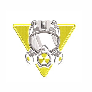 May include: A yellow triangle warning sign with a gray gas mask inside. The gas mask has a clear visor and a radiation symbol on the filter.